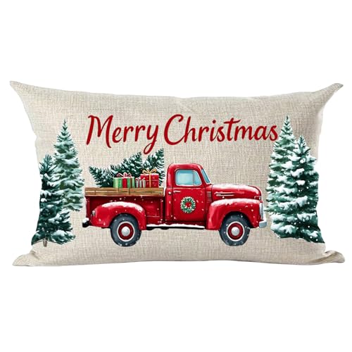 Ramirar Merry Christmas Happy New Year Retro Red Pickup Truck Pine Trees Gifts Decorative Lumbar Throw Pillow Cover Case Home Living Room Bed Sofa Car Cotton Linen Rectangular 12 x 20 Inches