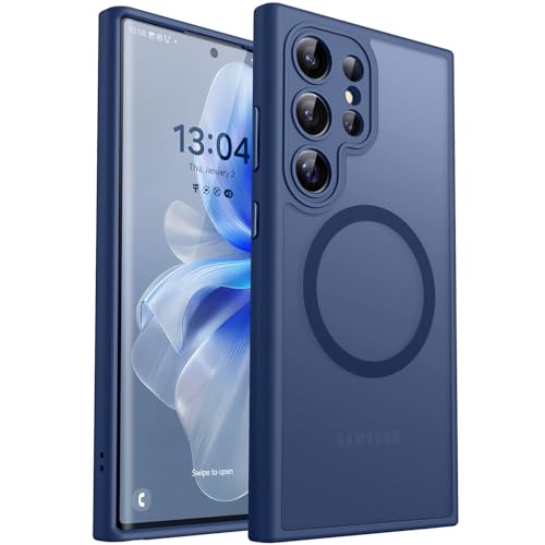 Image of CANSHN Designed for Samsung Galaxy S22 Ultra Case [Full Camera Protection] [Compatible with MagSafe] Translucent Matte Shockproof Protective Phone Cover 6.8 Inch - Deep Blue