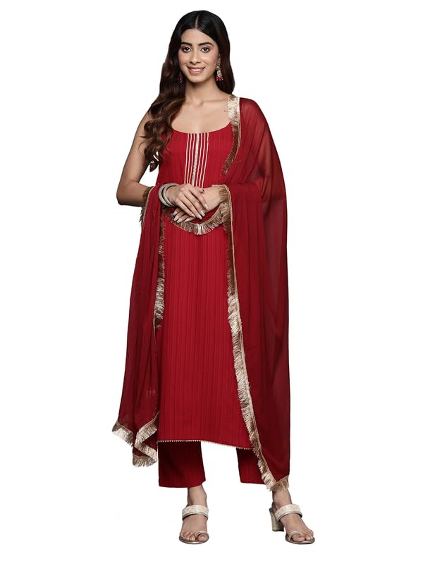 Varanga Women Maroon Round Neck, Spaghetti Strap Style Straight Kurta Paired With Tonal Bottom And Dupatta  Stylish & Comfortable Ethnic Wear For Women, Perfect For Casual & Festive Occasions