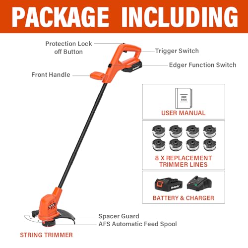 MAXLANDER Weed Wacker Cordless, 20V 10 Inch Weed Wacker Battery Operated, Lightweight String Trimmer and Edger Trimmer with 8 Pcs Replace Spool Trimmer Lines, Battery and Charger Included
