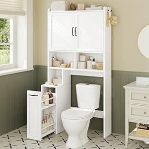 Over The Toilet Storage Cabinet with Pulley Small Bathroom Storage Cabinet, Space Saver W/Adjustable Shelf & Open Shelf for Bathroom, Restroom, Laundry (White)