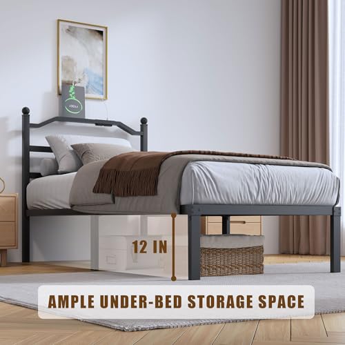 SHOANED Twin Size Bed Frame - 14 Inch Metal Heavy Duty Bedframe with Charging Station Black Basic Steel Slats Platform with Headboard No Box Spring Needed/Easy Assembly by SHOANED - Used condition - Image 4