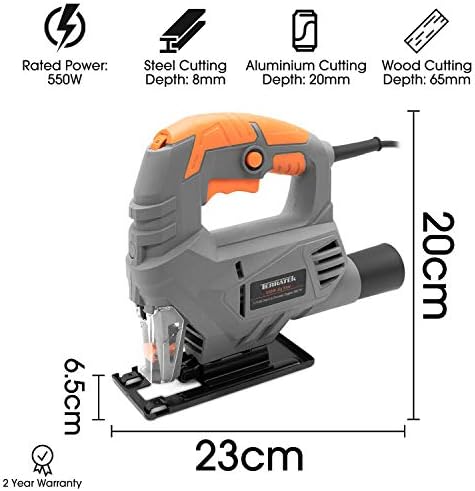 Terratek Electric Jigsaw 550W 3000SPM, 5 Speed Jigsaw Tool, Jigsaw Cutting 65mm Wood, 8mm Metal, Max 45 Cutting Angle, 5 Blades with Jig Saw Carrying Case and Vacuum Adaptor