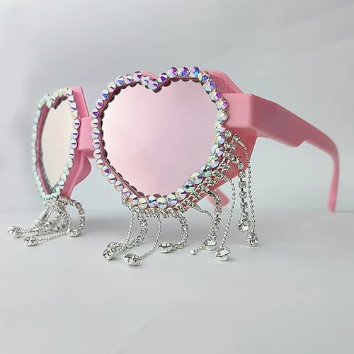 laureles Tassel Rhinestone Heart Shaped Goggle Women Y2K Sunglasses Men Oversized Diamond Love Sun Glasses2