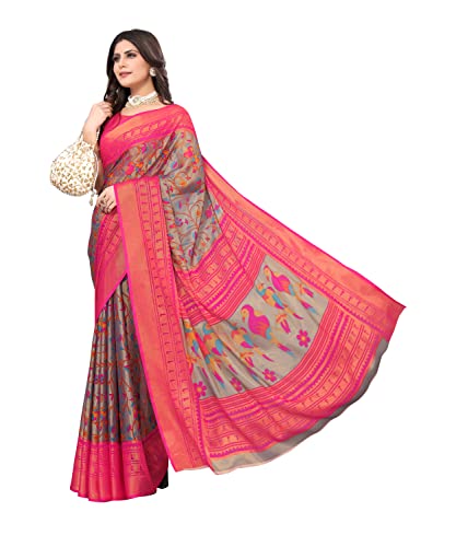 Image of Yashika Polyester Women's Chiku Chiffon Brasso Printed Saree with Unstitched Blouse Piece