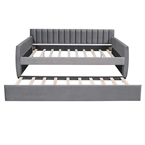 QVUUOU Full Size Velvet Upholstered DayBed, Bedroom Furniture Pine Wood Sofa Bed Frame with Twin Size Trundle Bed, Vertical Stripes Backrest and Armrests, for Kids, Adults (Gray Upholstered DayBed) - Thumbnail 5