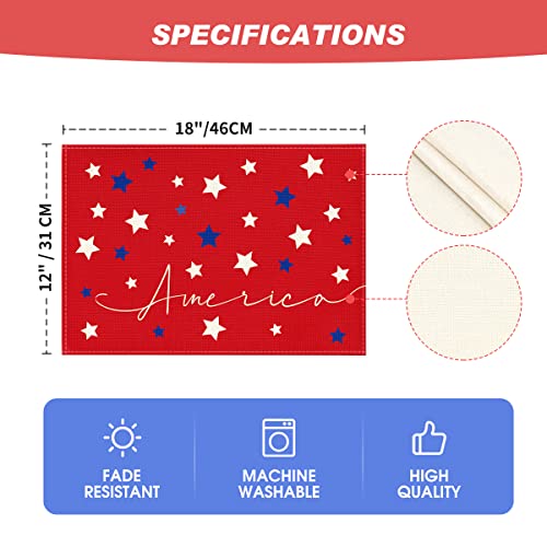 Artoid Mode Red Blue Stars America Patriotic 4Th Of July Placemats For Dining Table, 12 X 18 Inch Summer Seasonal Holiday Rustic Vintage Washable Table Mats Set Of 4 #TOP5