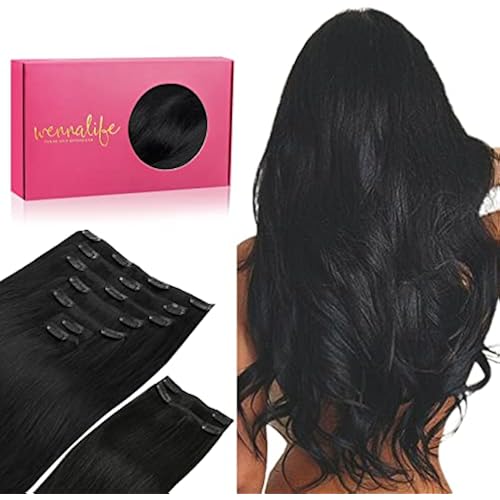 WENNALIFE Clip in Hair Extensions, 150g 24 Inch 9pcs Jet Black Remy Hair Thicker Double Weft Extensiones De Cabello Humano Con Clip Ins Straight Full Volume