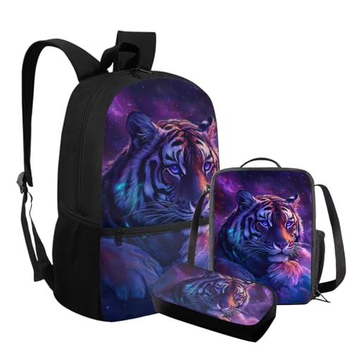 Tiger Backpack for Kids Cool Animal Bookbag with Lunch Box Attached Lightweight Purple Insulated Lunch Bag Tote Set of 3 Minimalist Pencil Case for Students3