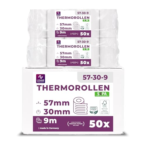 Ec-Cash rolki termiczne 57 mm x 9 m x 12 mm – rolki kasowe – papier termiczny – rolki bonowe do bankomatu – czytniki kart kredytowych (57 x 30 x 12) – z tekstem tekstu obciążenia SEPA (50 rolek)