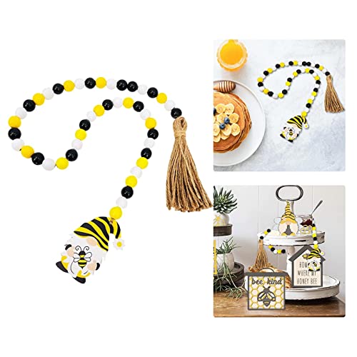 Bee Wood Bead Garland With Jute Rope Tassel 35 Inch, Country Wooden Beads Decorative Prayer Beads Honeybee Bead Garland With Sunflower Tag Spring Summer Bee Lover Gifts Bee Farmhouse Wall Decor #TOP3