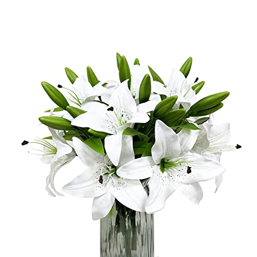 Haobase 8Pcs Artificial Tiger Lily Flowers Real Touch Lilies Flower Bouquet Fake Flowers for Home Wedding Party Office Decor (White)