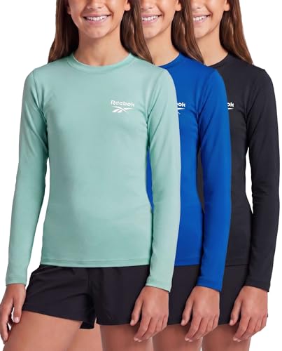 Image of Reebok 3 Pack: Girls' Long Sleeve Rashguard Swim Shirt, UPF Sun Protection Rasghguard Swimsuit for Kids Teens Tweens