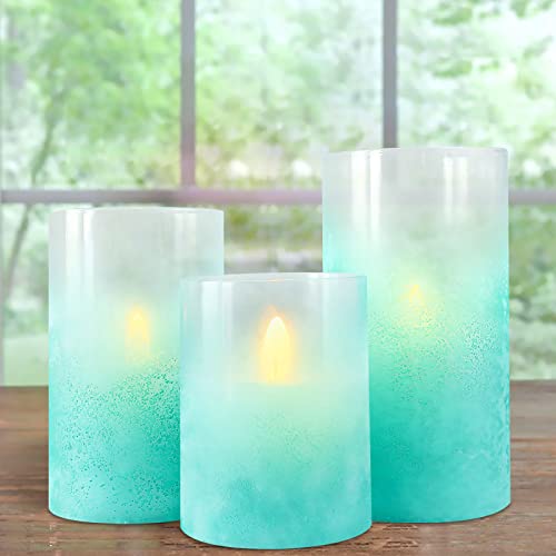 Gorge Moment Flameless Candles, Led Flicker Dimmable With Remote Timer, Summer Ocean Theme Frosted Sandblast Glass Teal Aqua Green Emerald Cyan, Trendy Modern Decor Lights Gift For Lover Friends #TOP6
