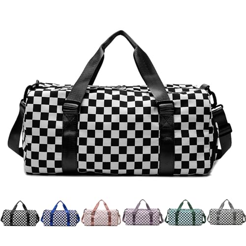 Checkered Gym Duffel with Shoes Compartment & Wet Pocket, Sports Dance Travel Bag for Women/Men (Black)