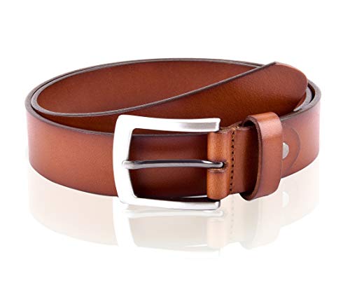 Massi Morino ® Ceinture en cuir pour homme (3,5 cm de large) en cuir de vachette véritable | Ceinture tout cuir disponible en noir ou marron (avec sac cadeau) (95, Braun)