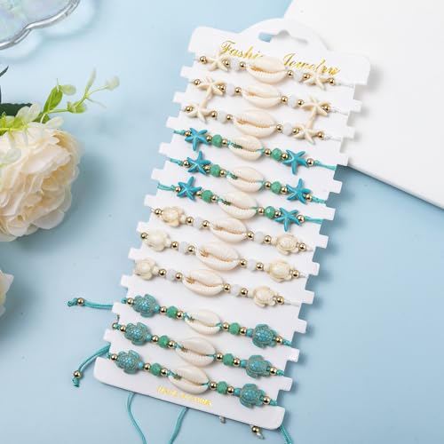 12pcs Sea Shell Turtle Braided Bracelets Handmade Woven Starfish Turquoise Turtle Waterproof Wristlets for Women Bohemian Turquoise Beaded Bracelet Summer Beach Jewelry2