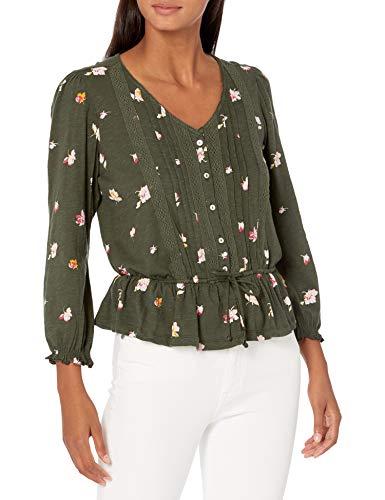 Lucky Brand Women's 3/4 Sleeve V Neck Button Up Printed Tie Waist Top, Olive Multi, M
