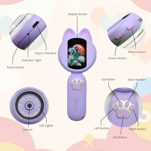 Image of Microscope Children's Mini Pocket Handheld Portable 2 Inch Screen 8 LED Lights Birthday Gift (Purple)