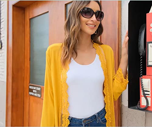 Women's 3/4 Sleeve Lace Trim Casual Wrap Cardigan Coverup Outerwear Sweater Yellow L #TOP1