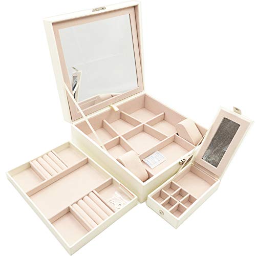 Estojo maleta Para Jóias Grande Misto Triplo Caixa Para Joias Bijuteria Espelho (Creme)