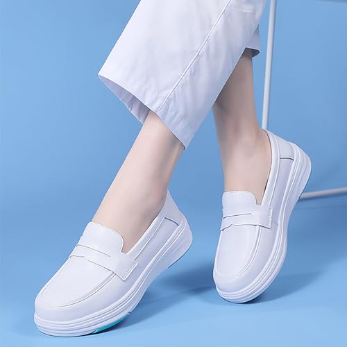 Women's Leather Lightweight Nurse Shoes Comfortable Round Toe Slip-On Loafers Arch Support Soft Sole Orthopedic Walking Casual Shoes for Work Daily Travel (White,9) by RAGMAGIOI - Used condition - Image 2