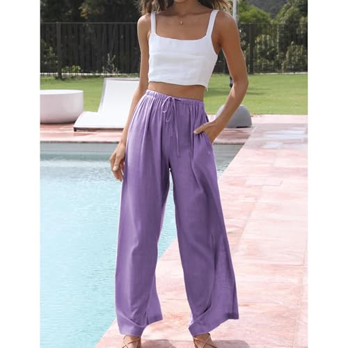 Image of Duyang Womens Cotton Linen Palazzo Pants Drawstring Elastic Waist Casual Wide Leg Trousers with Pockets