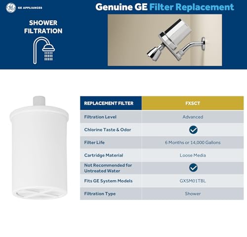 GE Shower Filtration System, Removes Chlorine, Easy to Install to an Existing Shower Head Tool Free in Minutes, Filter Included, Replace Filter (FXSCT) Every 6 Months, GXSM01TBL