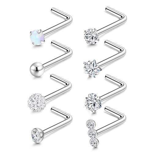Adramata 8 Piezas Piercing Nariz Titanio Hipoalergénico Piercing Nariz Oro 20G Pequeño Piercing Nariz en Forma de L Piercing Nariz CZ para Mujeres Hombres Titanio Piercing Nariz Plata/Oro/Negro,s
