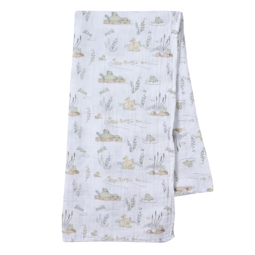 Image of Lambs & Ivy Froggy Cotton Muslin Swaddle Blanket w /Lovey Baby Gift Set | Large 44 inch square infant swaddle blanket with soft boucle green lovey security blanket.