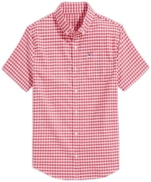 vineyard vines Boys' On-The-Go brrrº Short-Sleeve Gingham Shirt, Red Gingham, Medium (12-14)