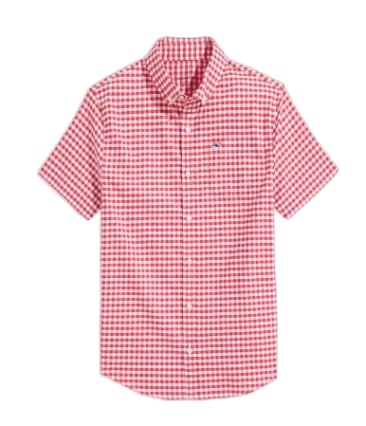 vineyard vines Boys' On-The-Go brrrº Short-Sleeve Gingham Shirt, Red Gingham, Large (16) - Main Image