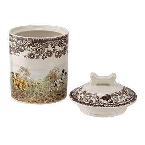 Spode Woodland Dog Treat Jar 7" | Dog Treat Container With Ceramic Lid | Assorted Hunting Dogs Design With Bone-Shaped Handle | Stoneware #TOP2