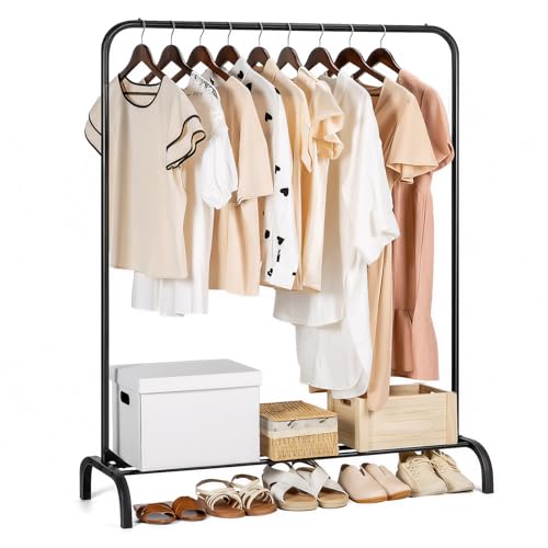 YasTant Sturdy Clothes Rail for Bedroom, Portable Clothes Rack with Storage Shelf, Metal Clothing Rail for Hanging Garments