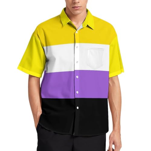 Non-Binary Pride Flag Men's Short Sleeve Button Down Shirts Casual Summer Tops with Comfortable Fabric & Pocket Medium