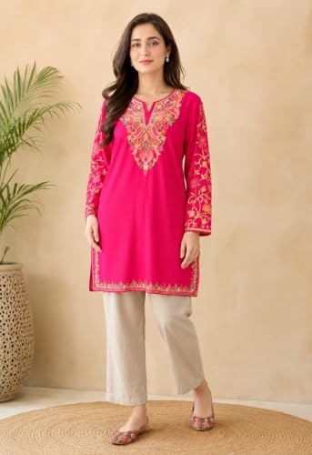 Image of HAUTEMODA Women Cotton Floral Embroidered Short Kurti, Tunic, Three-Fourth Sleeves, White