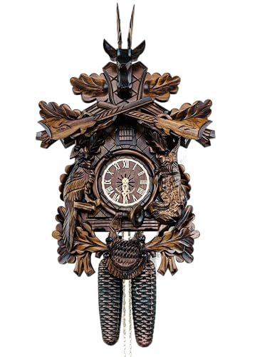 River City Clocks Eight Day Hunter's Cuckoo Clock with Hand-Carved Oak Leaves, Animals, Rifles, and Buck - 20 Inches Tall - Model # 819-20