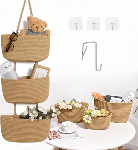 Image of Evereden Over The Door Hanging Basket Storage 3-Tier Woven Wall Basket