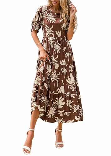 PRETTYGARDEN Women's Short Sleeve Midi Floral Dress, Brown Beige,XL