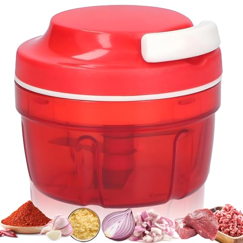 DGMI Hachoir à oignons, hachoir à oignons, manuel avec cordon, hachoir manuel pour fruits, viande, piment, oignons, ail, légumes (rouge)