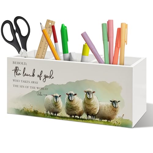 ANIANG Lamb of God Christian Pen Holder Organizer Desk Decor, Christian Gifts for Women, John 1:29 Bible Verse Religious Scripture Wooden Pen Pencil Holders for Home Office Desk Accessories