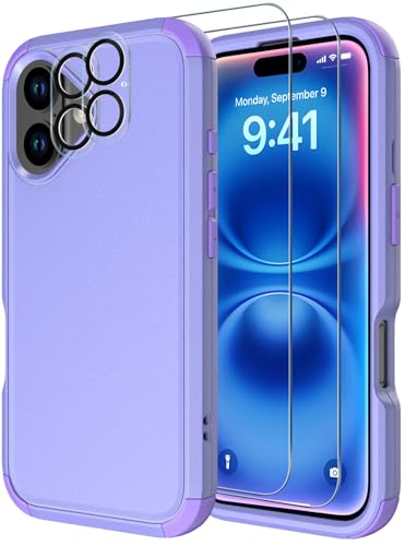 Diverbox for iPhone 16 Case [Shockproof] [Dropproof] [Tempered Glass Screen Protector + Camera Protectors] Heavy Duty Protection Phone Case Cover for Apple iPhone 16 (Purple)