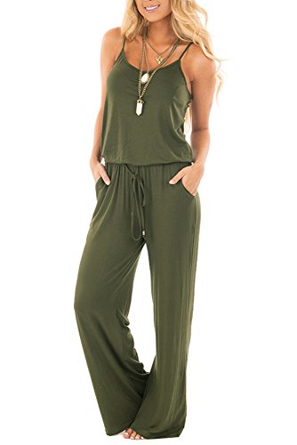 sullcom Women Summer Solid Sleeveless Wide Leg Jumpsuit Casual Spaghetti Strap Stretchy Long Pant Rompers (Small, Army Green)