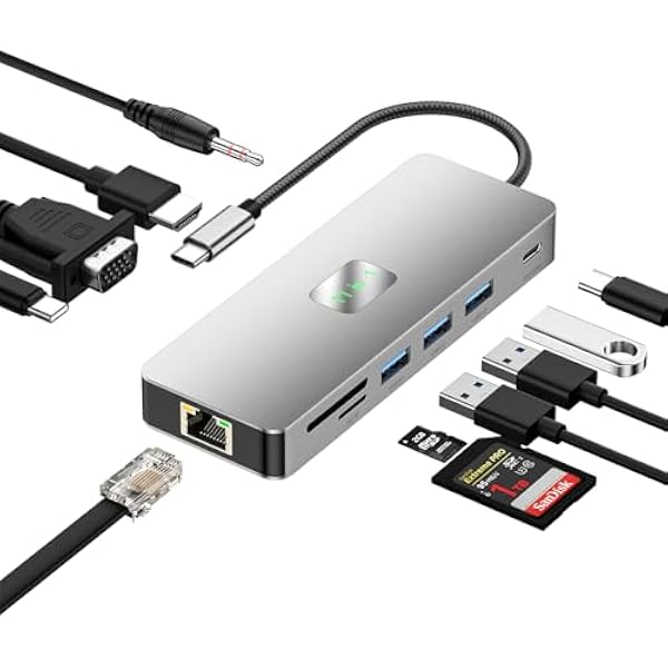 Stacja dokująca USB C 11 w 1, wyjście Dual Monitor, 4K/60Hz HDMI + VGA+USB-C& 3 porty USB + gniazdo na kartę SD/TF, szybkie ładowanie 100 W PD, Hub USB-C do Surface Pro, MacBook, Dell, HP, Surface