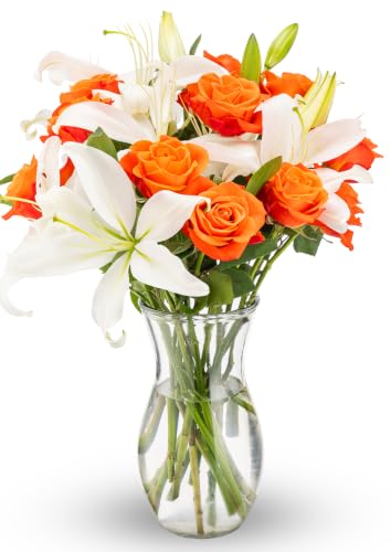 Oriental Lilies & Orange Roses Bouquet (Glass Vase Included)