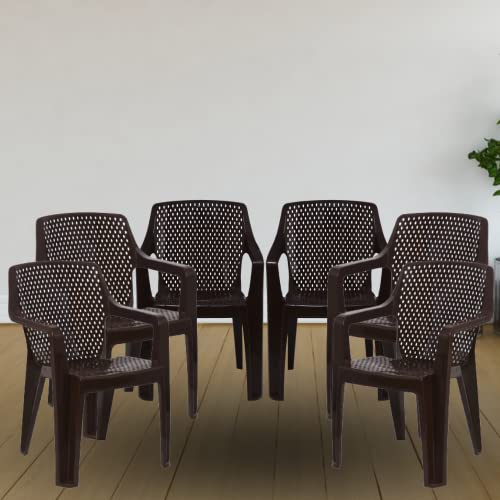 Image of ITALICA Oxy Plastic Arm Chair /Glossy Finish Chair for Outdoor, Indoor, Living Room /Strong & Sturdy Structure Plastic Chair /Outdoor & Indoor Plastic Chair (5214, Brown, Set of 6, LFS)