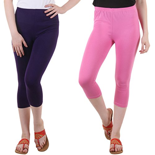 Image of DIAZ Women Cotton Stretchable Capri | Slim /Regular Fit | Breathable Yoga, Gym & Lounge Wear | High-Waist Stretchable 3 /4 Length Leggings with Wide Waistband - Pack of 2
