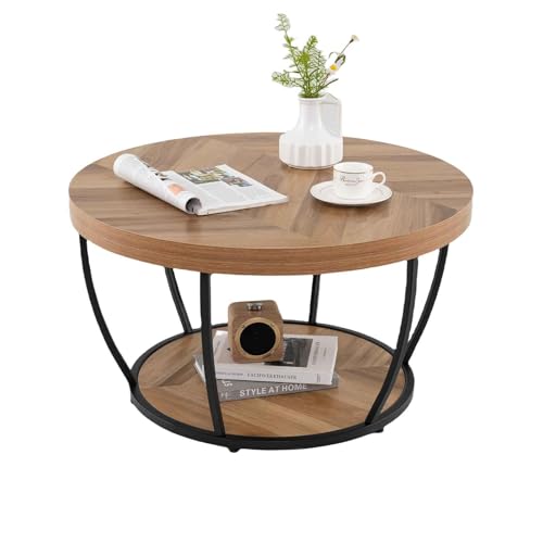 LIFEZEAL Tavolino Salotto Rotondo a 2 Ripiani, Stile Industriale, Tavolino da Caffè, Soggiorno, Divano, Basso, in Legno e Metallo, Montaggio Semplice, Max 90kg, Ø80x45cm, Naturale