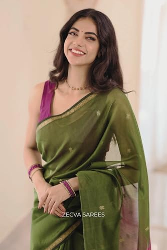 Image of ZECVA Women's Pure Soft Spun Cotton Lichi Silk Saree For Women With Attach Unstitch Blouse Piece