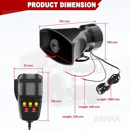 Image of SARRA 7-Tone Police Siren with Mic - 100W Loud Hooter for Cars, Jeeps & SUVs | VIP Emergency Vehicle Siren | High-Powered 12V Component | Car hron | Super Loud Sound |Remote Control Alarm Buzzer